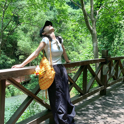 双肩包女旅游轻便Tagi新款珍珠亚克力抽绳黄格子背包大容量书包新