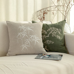 宋式美学新中式沙发抱枕套绿色松竹刺绣靠垫民宿国风客厅靠枕茶室