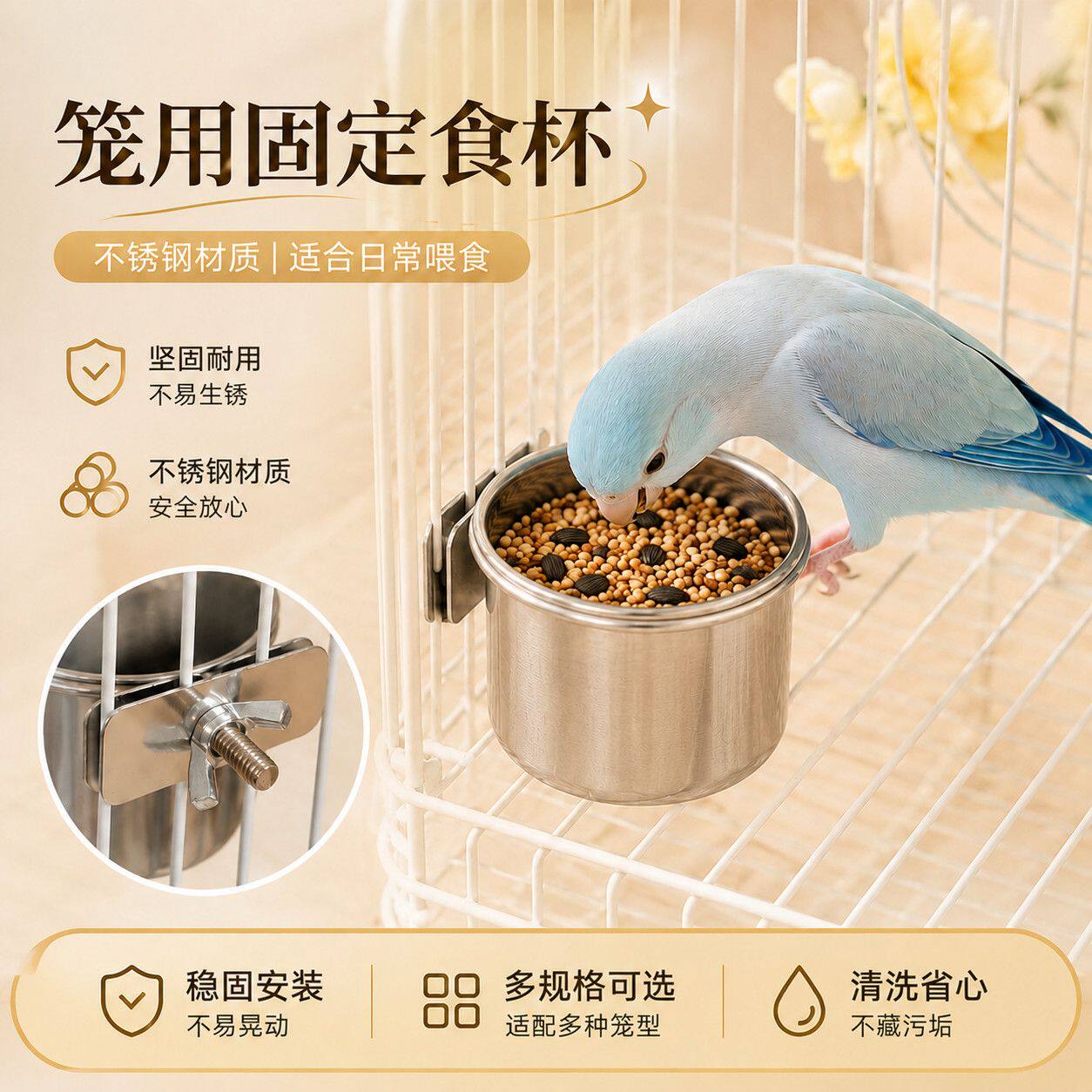 圆形带杯架杯托悬挂食盆鹦鹉用品用具鸟笼配件鹦鹉鸟用不锈钢食碗