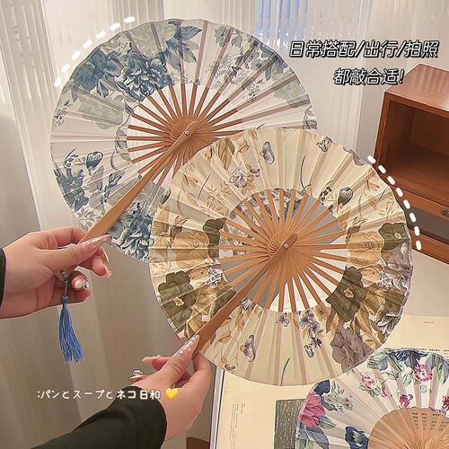 新中式竹骨折扇女士汉服旗袍穿搭舞台舞蹈随身便携复古团扇