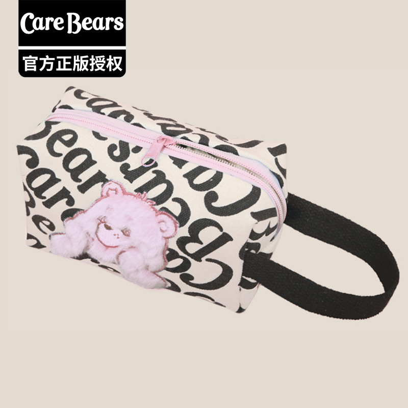 正品卡通爱心小熊carebears帆布刺绣化妆包手机包手腕包零钱包袋