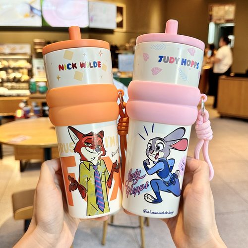 疯狂动物城朱迪尼克情侣保温杯女生高颜值大容量冰霸杯子吸管水杯