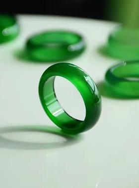 正品天然祖母绿玉髓指环戒指女玛瑙玉戒子小众玉石跑环包邮附证书