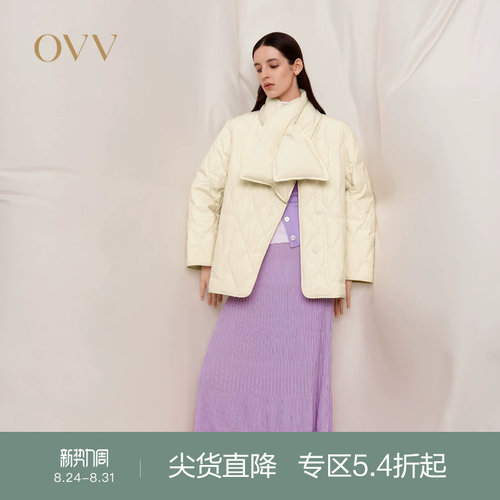 OVV秋冬热卖女装不规则门襟可拆卸围巾桃绒羽绒服外套