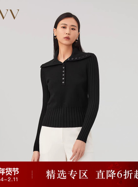 【黄金羊毛】OVVOutlet秋冬新款女丝毛翻领半开襟休闲长袖针织衫