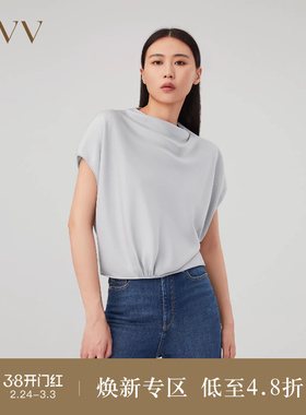 OVVOutlet秋冬新款女装缎面醋酸简约立裁落肩荡领短袖上衣