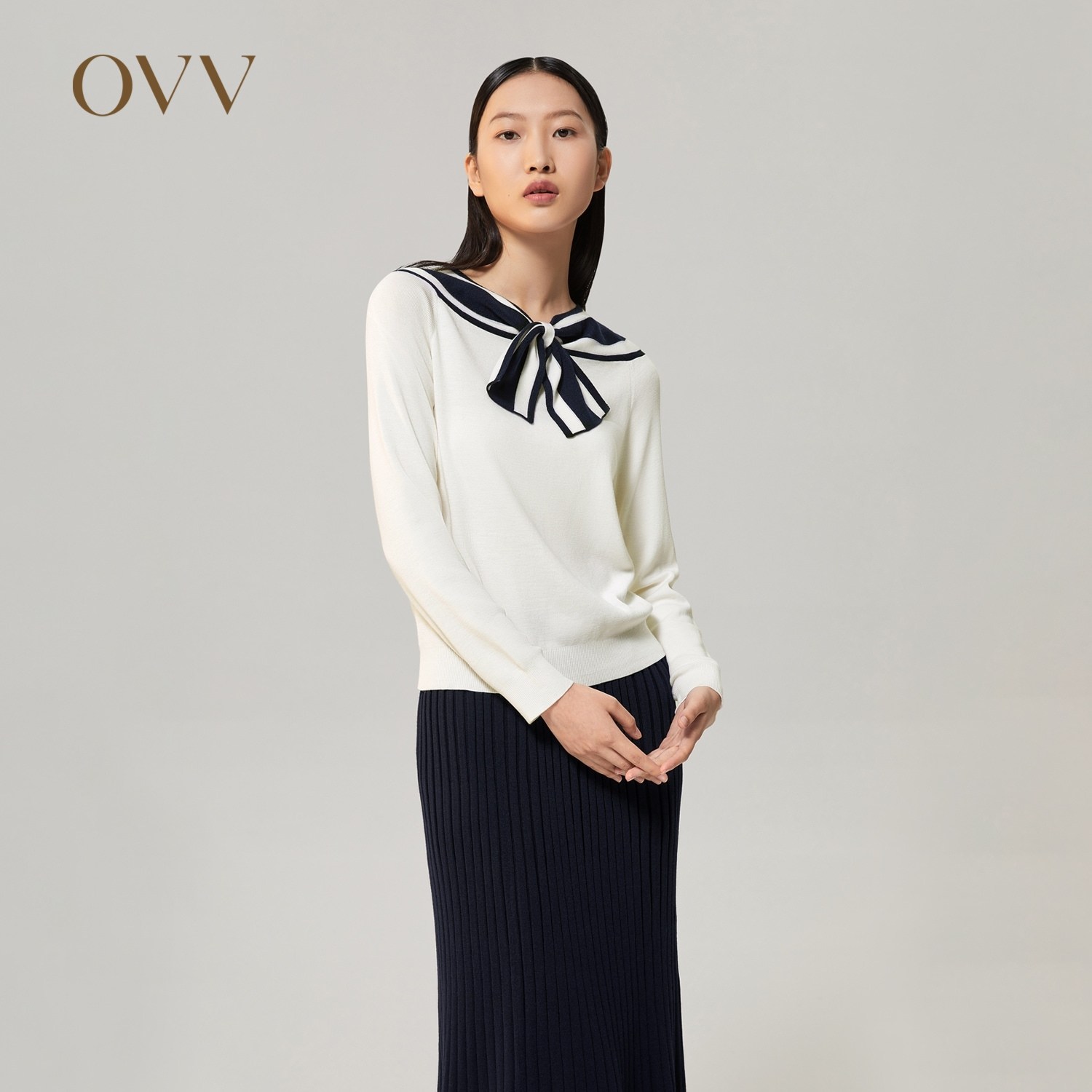 OVV Outlet秋冬女装丝毛混纺海军风一字领系带蝴蝶结长袖针