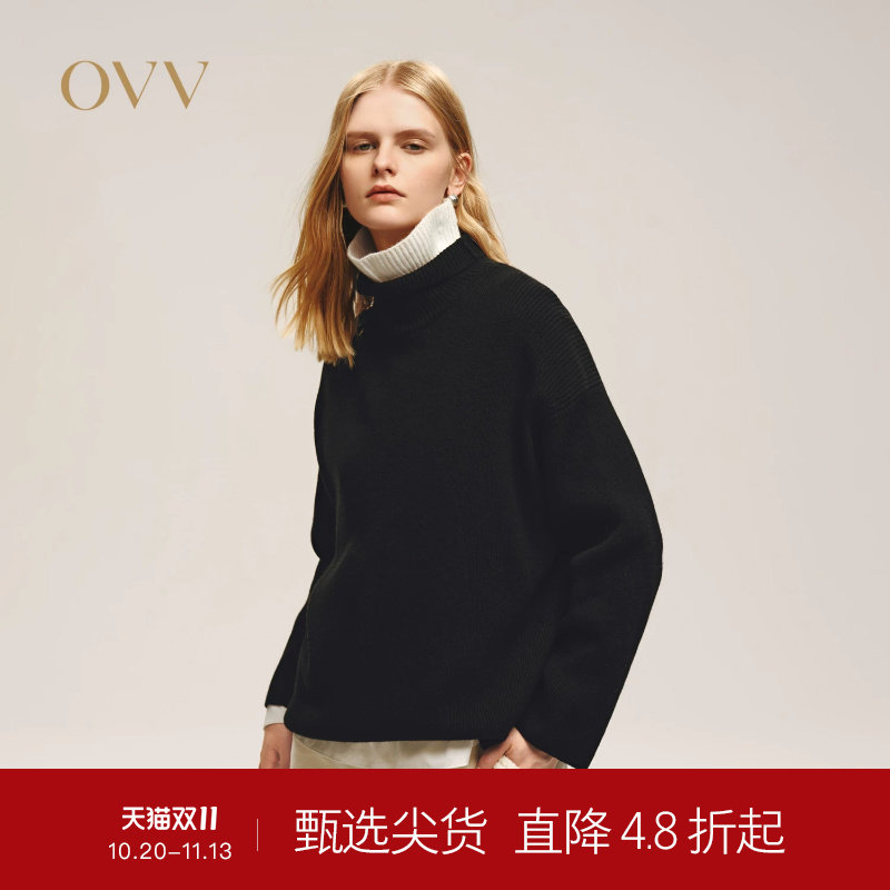 OVV秋冬热卖女装双层撞色高领羊毛混纺休闲长袖针织衫