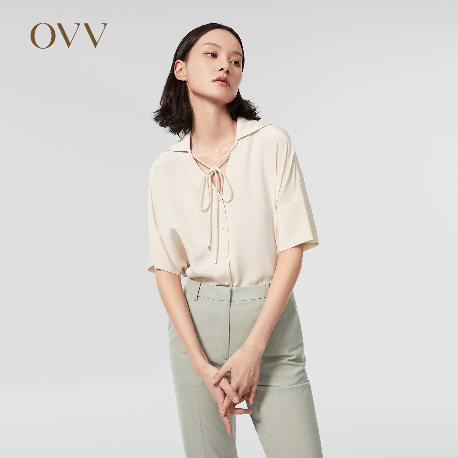OVVOutlet【重磅真丝】春夏热卖女22MM弹力重绉真丝翻领