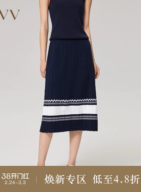 OVV秋冬女装桑蚕丝羊毛混纺几何撞色百褶针织半身裙