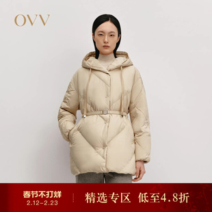 OVVOutlet秋冬热卖女装中长款连帽随附腰带直筒保暖羽绒服