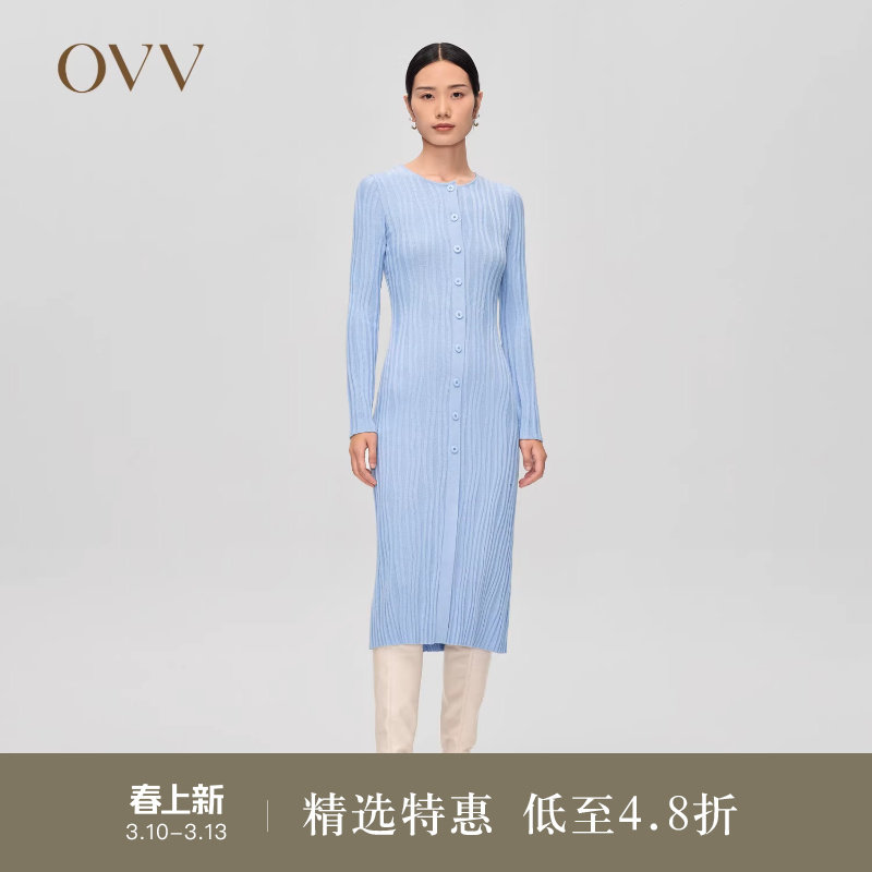OVV Outlet 秋冬新款女羊毛立体曲线坑条装饰圆领长袖针织连衣裙