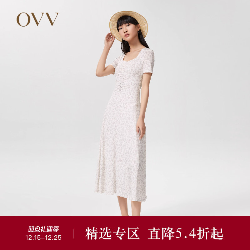 【小雏菊印花】OVVOutlet春夏热卖女装方领修身长款短袖连衣