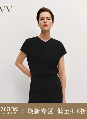 OVVOutlet秋冬热卖女装缎面醋酸V领斜裁微落肩修身收腰上衣