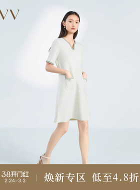 OVV春夏热卖女装撞色花纱镶边宽松V领羊毛短袖针织裙