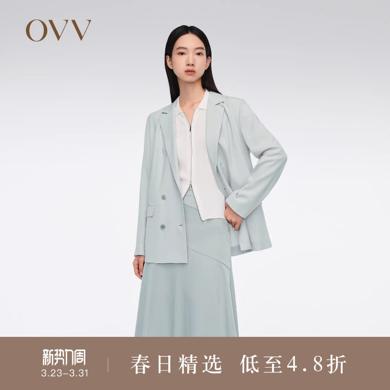 OVV春夏热卖女装经典双排扣平驳领醋酸仿麻西服外套
