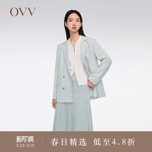 双排扣平驳领醋酸仿麻西服外套 经典 OVV春夏热卖 女装