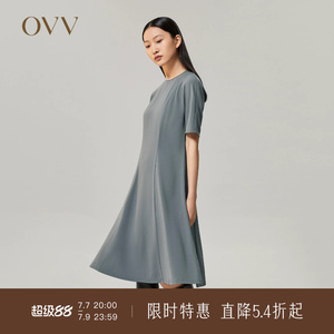 OVVOutlet【日本进口三醋酸】秋冬新款女简约舒适圆领短袖连衣裙