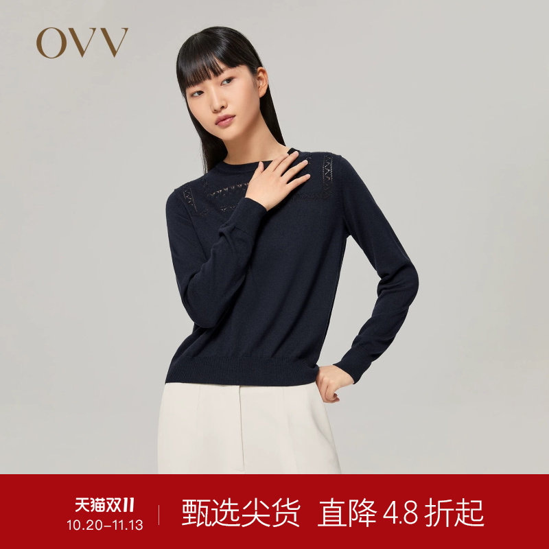 OVVOutlet秋冬女装简单大气圆领镂空知性浪漫长袖针织衫