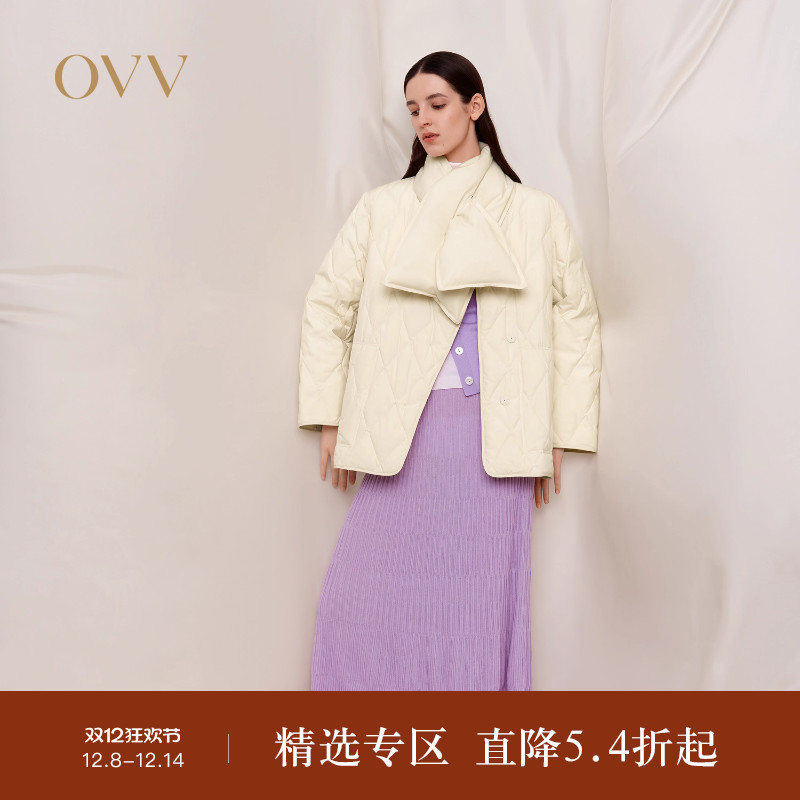 不规则门襟 可拆卸围巾 菱形格纹