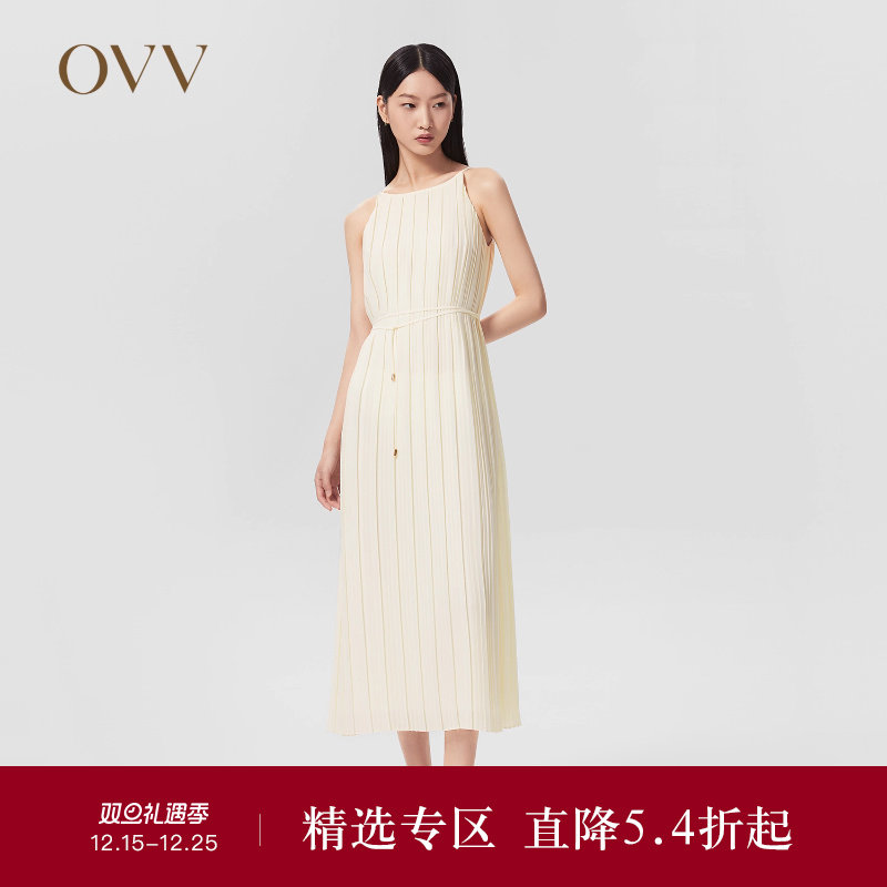 OVVOutlet 春夏热卖女装经典圆领哑光不规则飘逸百褶吊带连