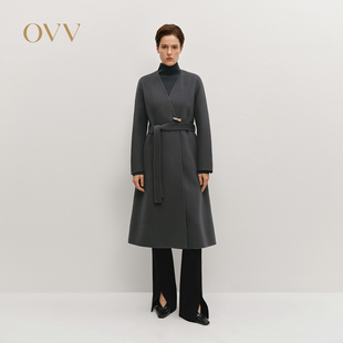 OVVOutlet秋冬热卖 无领设计随附腰带中长羊毛双面呢大衣 女装