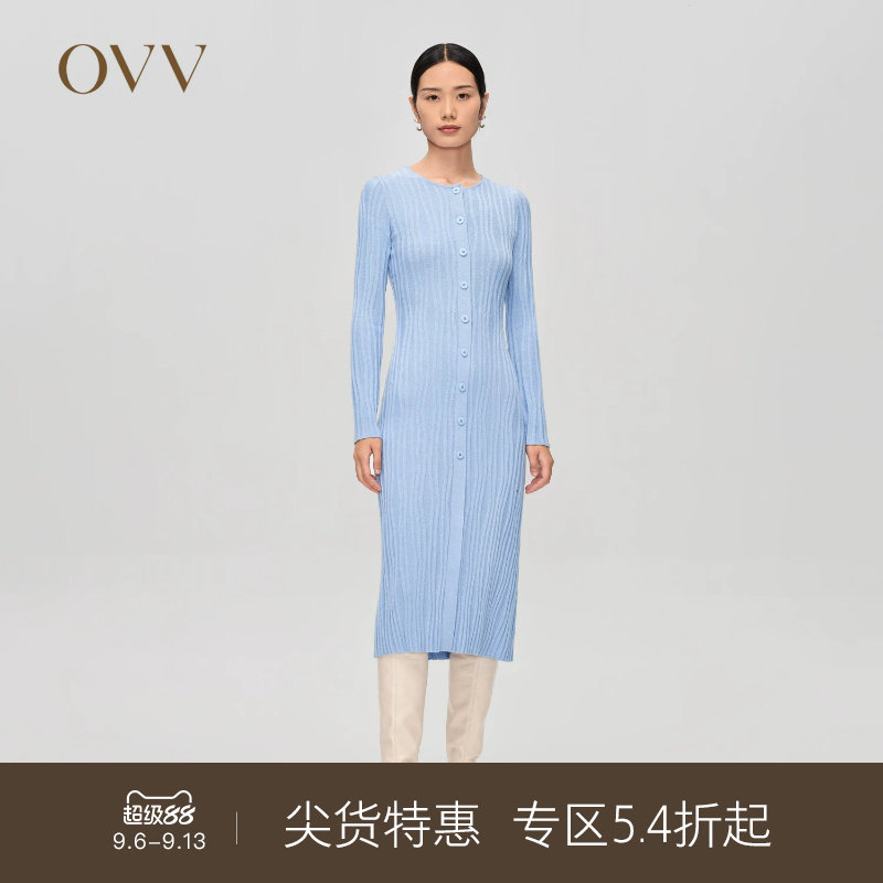 OVV Outlet 秋冬热卖女羊毛立体曲线坑条装饰圆领长袖针织连衣裙