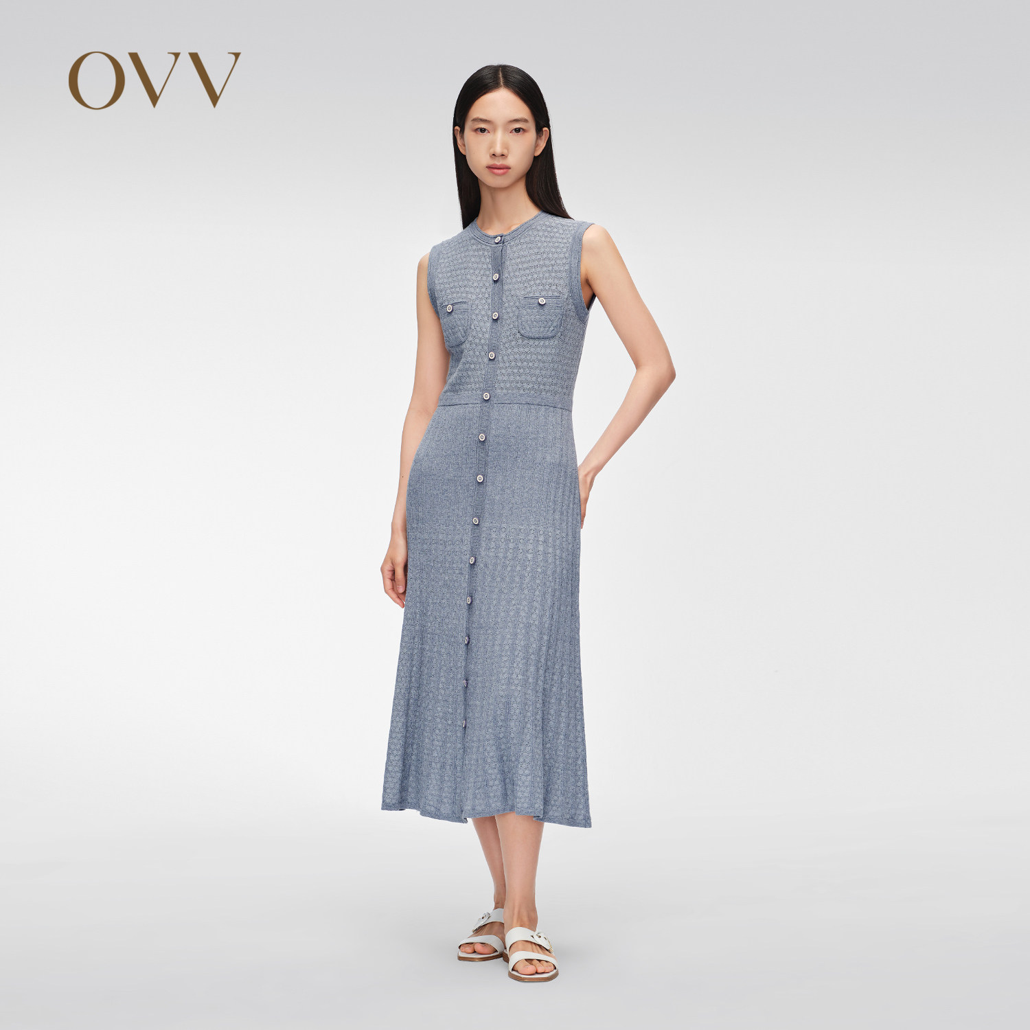 OVV春夏热卖女装经典优雅粗花呢小圆领A字无袖连衣裙