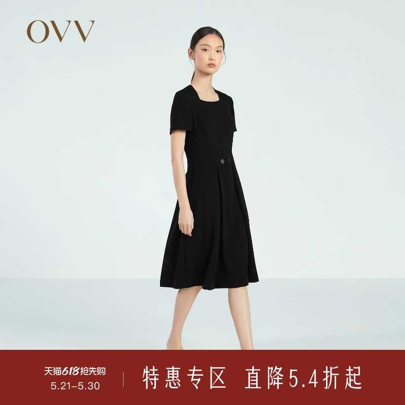 OVV春夏热卖女装十字纹醋酸复古优雅方领小黑裙短袖连衣裙