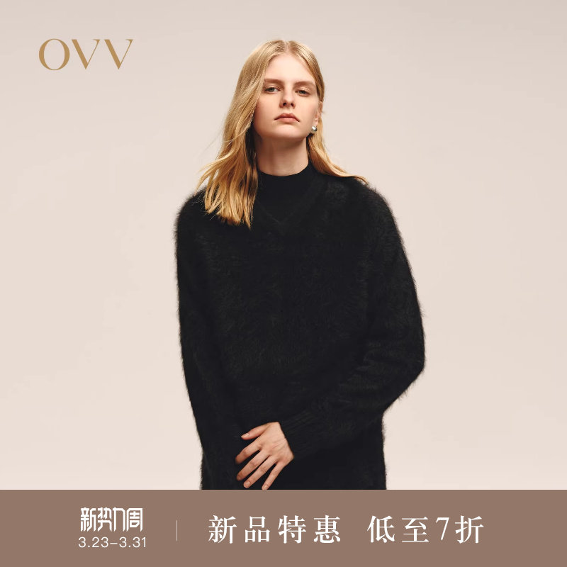 OVV2025秋冬新款女装优雅大气V领拉绒工艺长袖羊绒衫