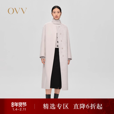 OVV秋冬热卖女装羊毛双面呢拼环保皮草配腰带长款大衣
