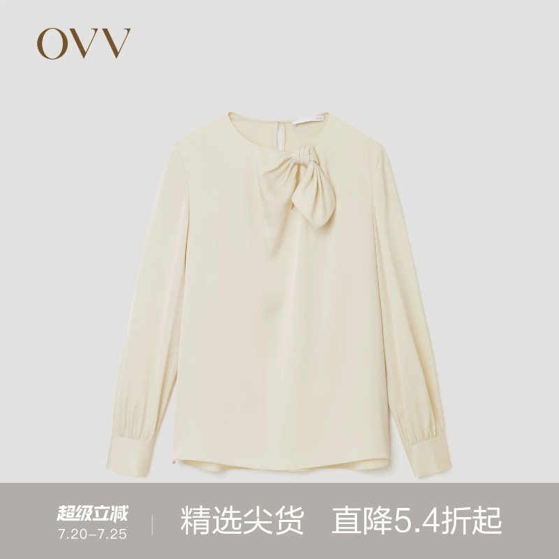 OVVOutlet秋冬热卖女装缎面醋酸肌理感圆领扭结设计长袖衬衫