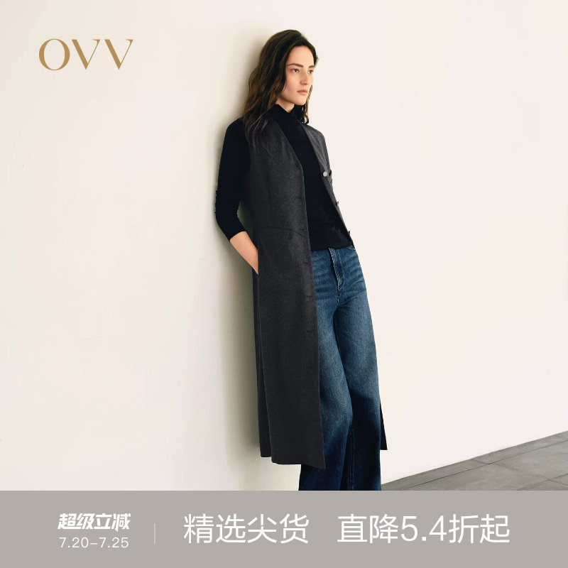 OVV2025秋冬新款女装优雅V领无袖利落直筒保暖羊毛连衣裙