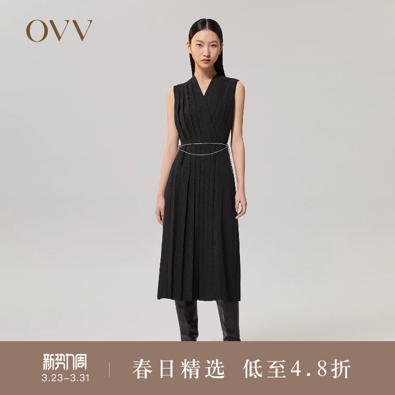 OVVOutlet【日本进口三醋酸】秋冬新女重工百褶小黑裙无袖连