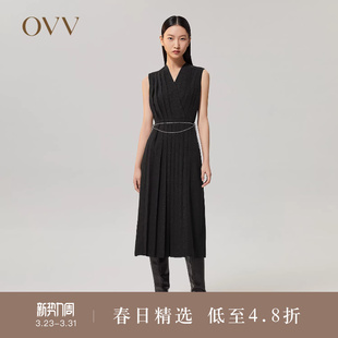 连衣裙 秋冬新女重工百褶小黑裙无袖 OVVOutlet 日本进口三醋酸