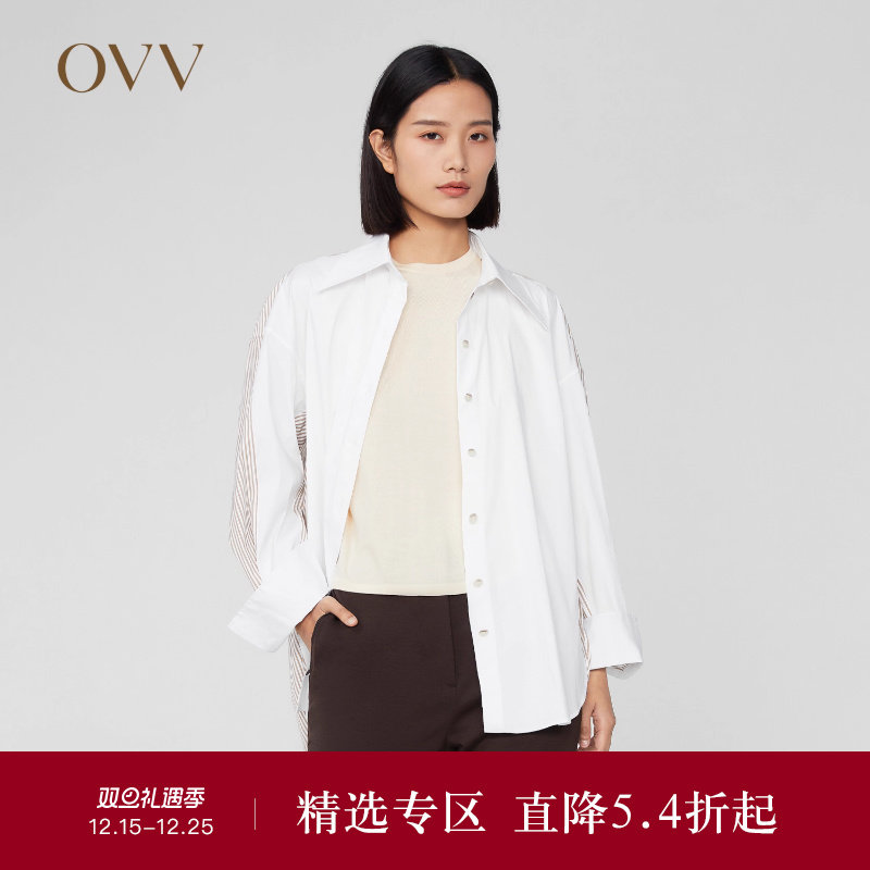 OVV Outlet 秋冬新女条纹拼接撞色纽扣纸片廓形棉感长袖休