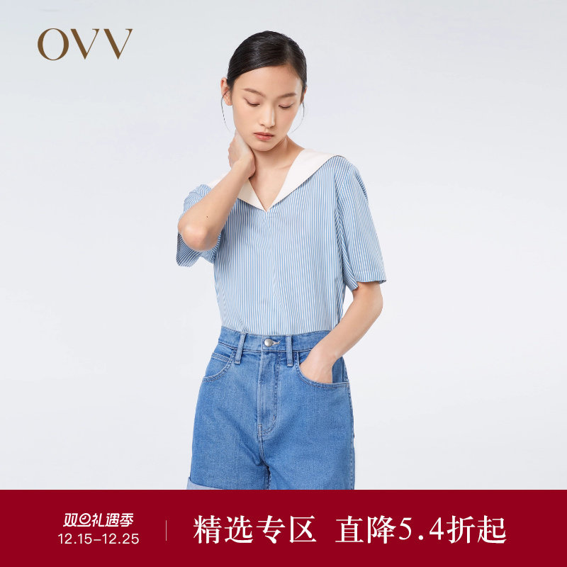 OVVOutlet【重磅真丝】春夏新款女元气海军领条纹短袖衬衫上