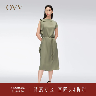 OVV春夏热卖女装22MM弹力双乔桑蚕丝一字领落肩袖连衣裙