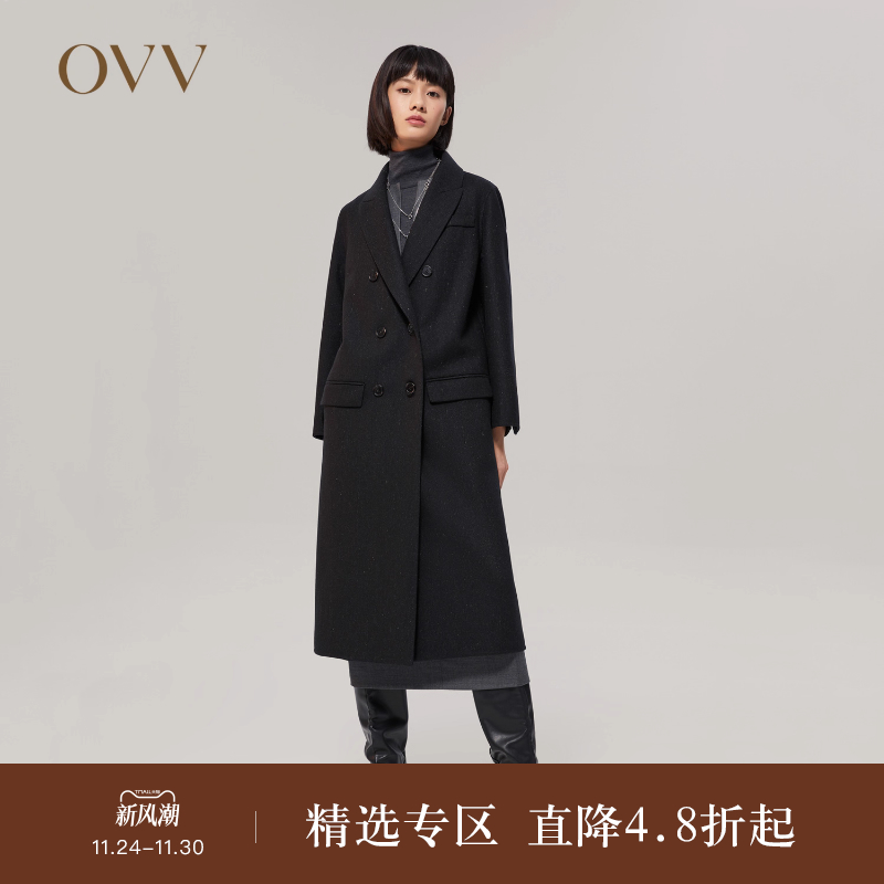 OVV复古双排扣羊毛混纺大衣女