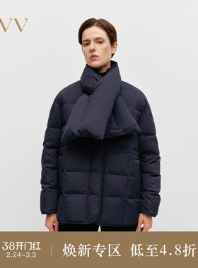 OVVOutlet秋冬热卖女装格子绗线轻薄可拆卸围巾羽绒服外套