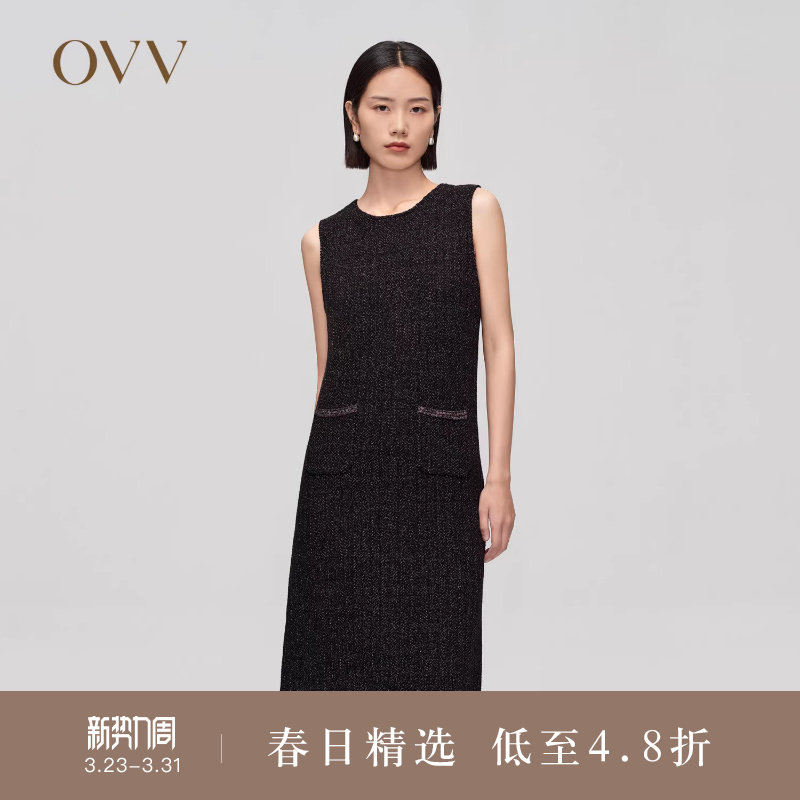 OVV Outlet 秋冬新女黄金羊毛经典无袖针织连衣裙织带优雅