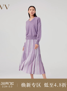 OVVOutlet秋冬新款时尚女渐变设计镶拼百褶羊毛针织休闲半身裙女