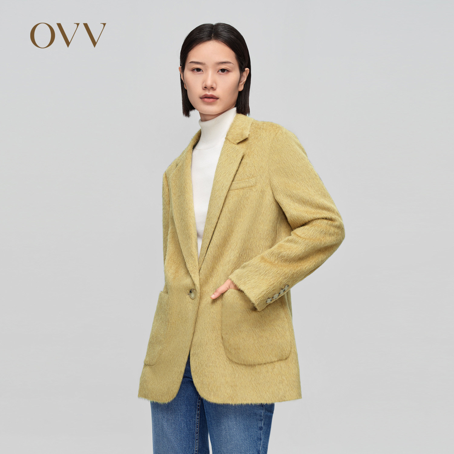OVVOutlet秋冬热卖女绒面一粒扣平驳领休闲直筒型羊毛西服外套