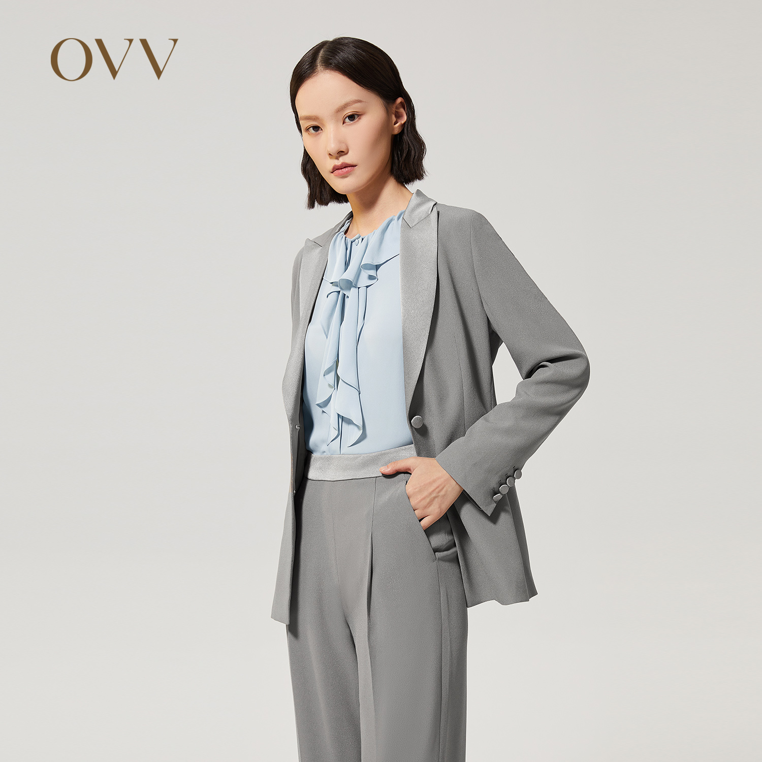 OVV Outlet【日本进口三醋酸】秋冬新款女撞色系带套装西服外套