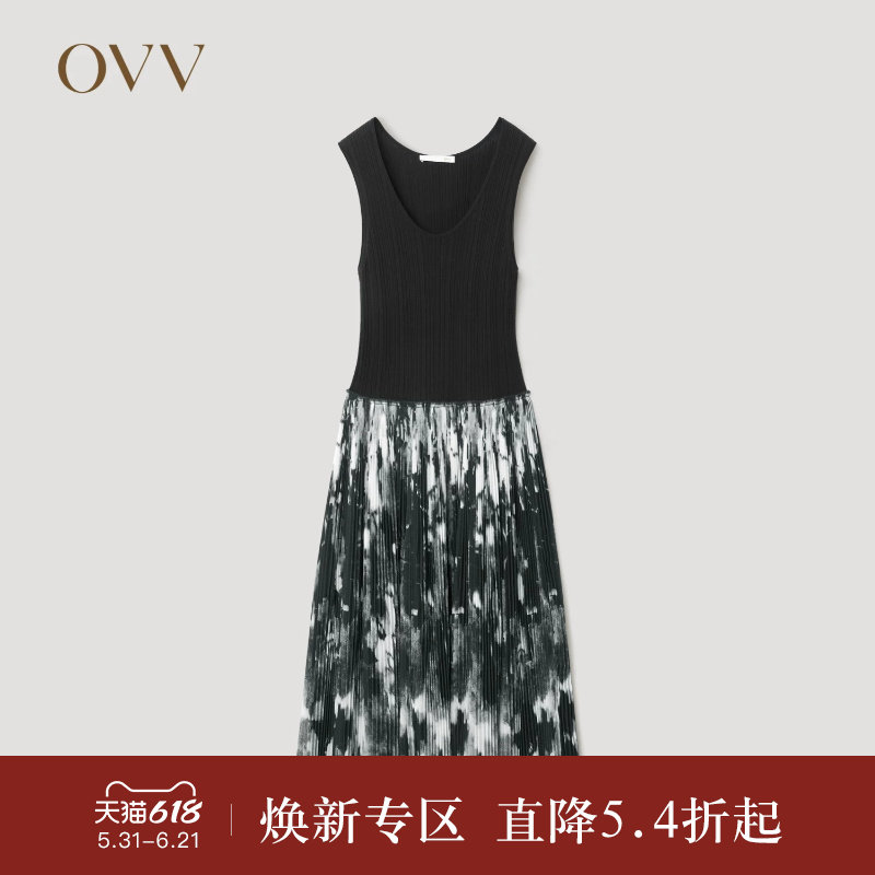 【黄金羊毛】OVVOutlet秋冬热卖女装针梭镶拼印花无袖连衣裙