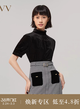 OVVOutlet秋冬女装日本进口三醋酸丝绒简约复古短袖针织衬衫