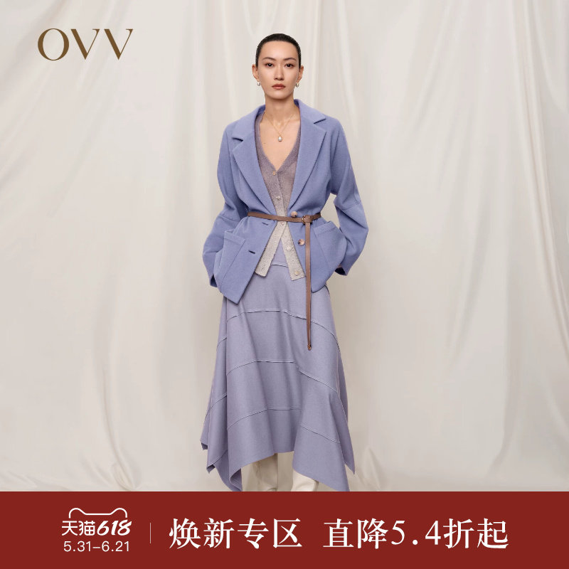 OVVOutlet秋冬新款女针织羊毛两粒扣平驳领贴袋皮带单件西服