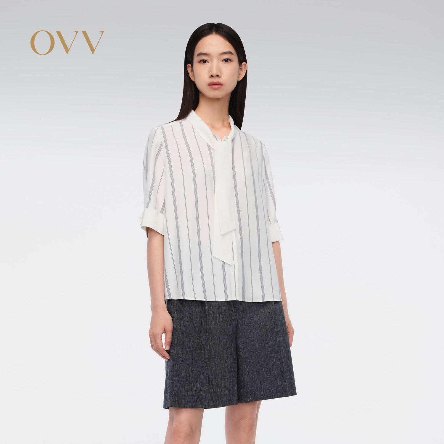 【重磅真丝】OVV春夏热卖女装22MM素绉缎条纹中袖衬衫