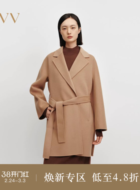 OVVOutlet秋冬热卖女装平驳领随附腰带90支羊毛双面呢大衣
