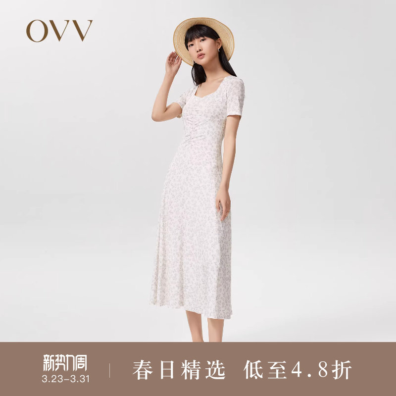 【小雏菊印花】OVVOutlet春夏热卖女装方领修身长款短袖连衣